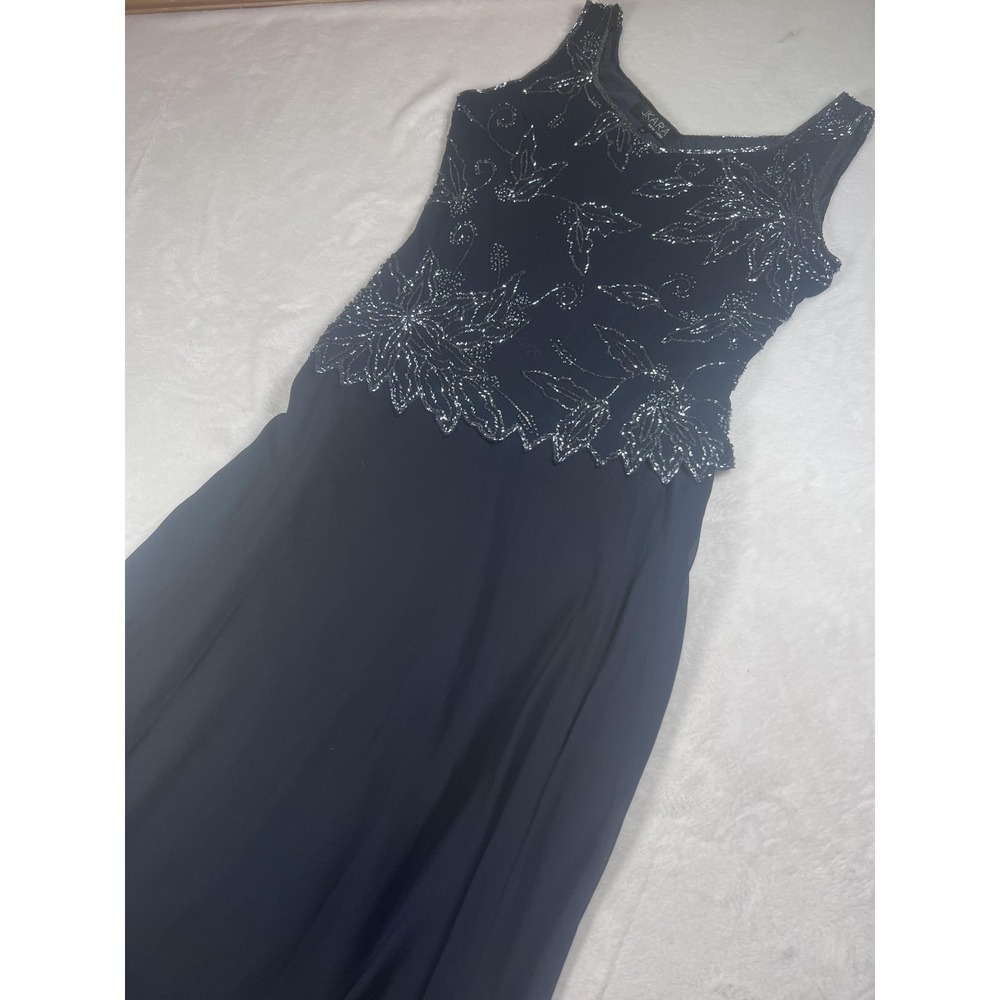 JKara Dress Womens 12 Blue Beaded Floral Chiffon Maxi Evening Formal Gown